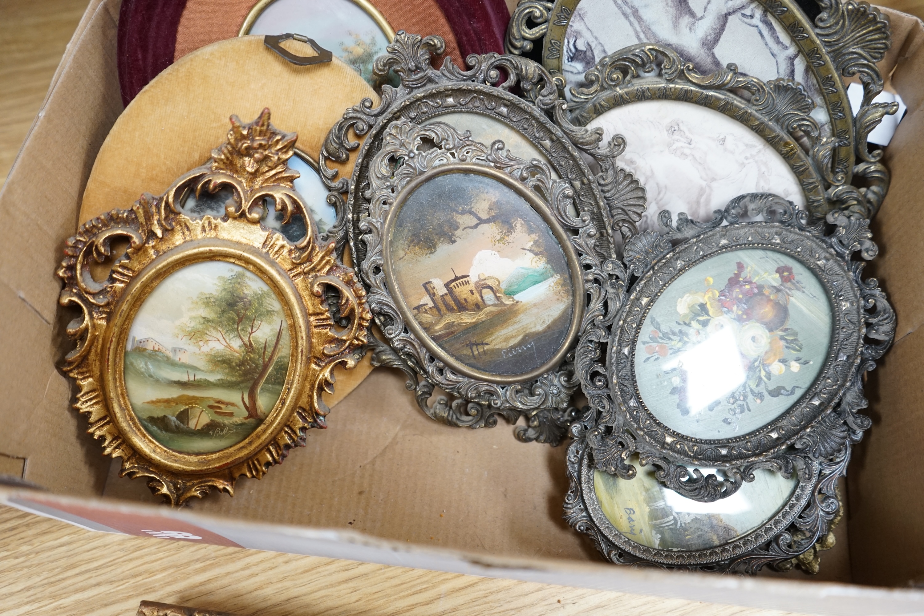 A collection of various hand painted and some printed miniatures to include an oil, Portrait of a bishop, landscapes and a portrait of a gentleman wearing military dress, largest 12 x 15cm, each housed in ornate frame. C